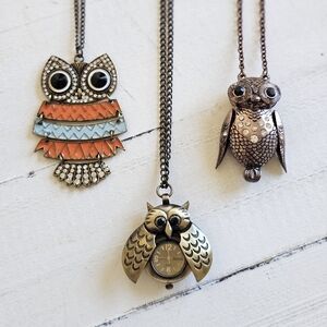 Trio of Owl Pendant Necklaces